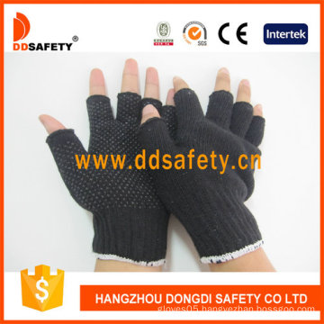 Cotton/Polyester Gloves with Half Finger Black Mini PVC Dots (DKP518)